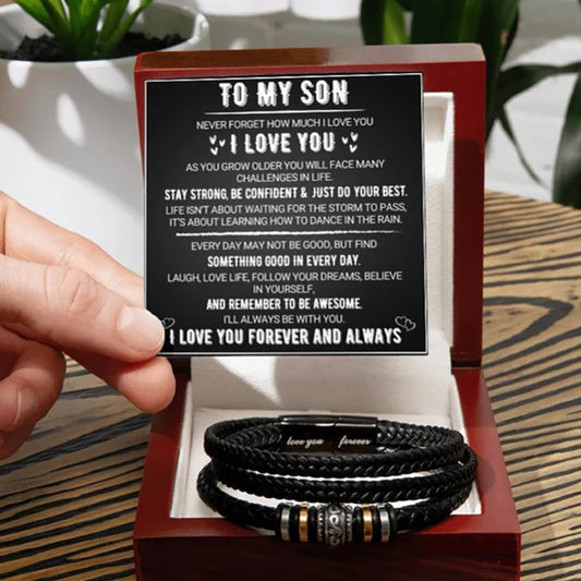 Layered leather bracelet with a Son message card in a wooden gift box