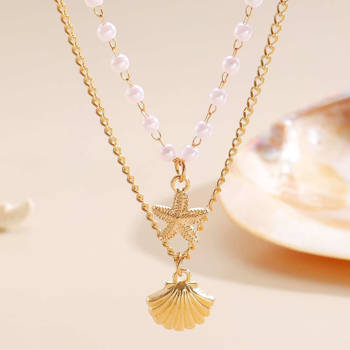 Shell & Imitation Pearl Layered Necklace – product view 6