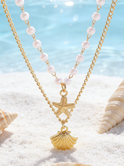 Layered Shell Pearl Starfish Pendant Bohemian Necklace – product view 2