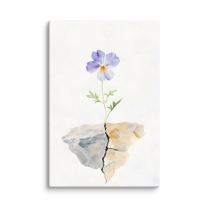 Watercolor canvas of a purple flower growing through cracked stone, symbolizing resilience.