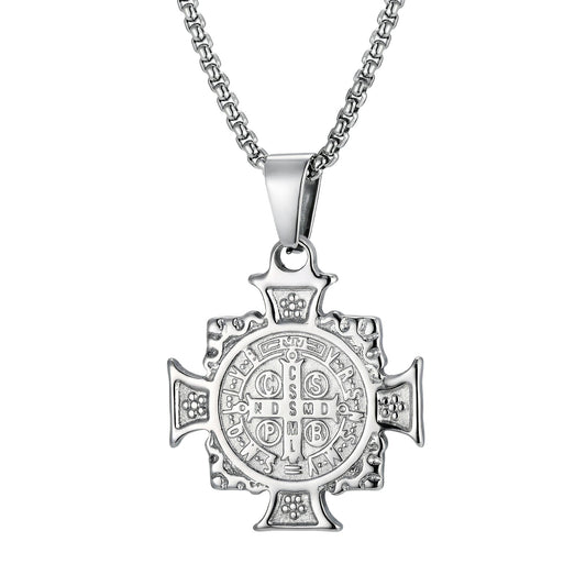 Silver-tone Saint Benedict medal cross pendant necklace