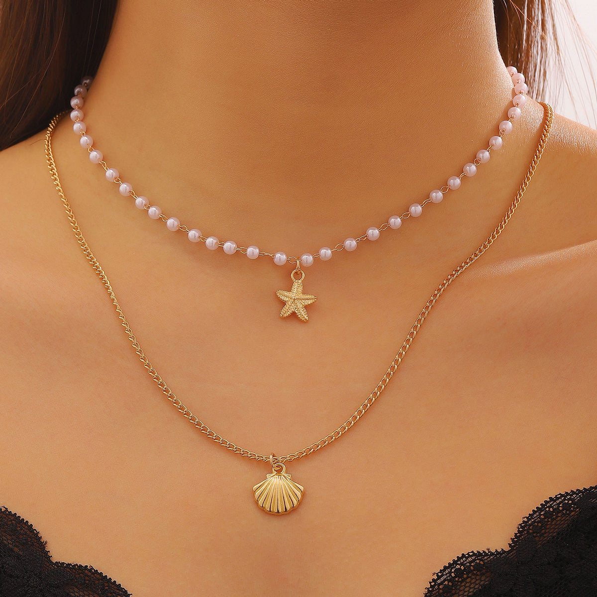 Layered Shell Pearl Starfish Pendant Bohemian Necklace – product view 6