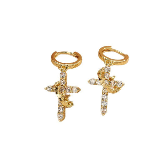 Crown Cross Crystal Ear Cuff, pair of gold-tone crystal crown cross ear accessories