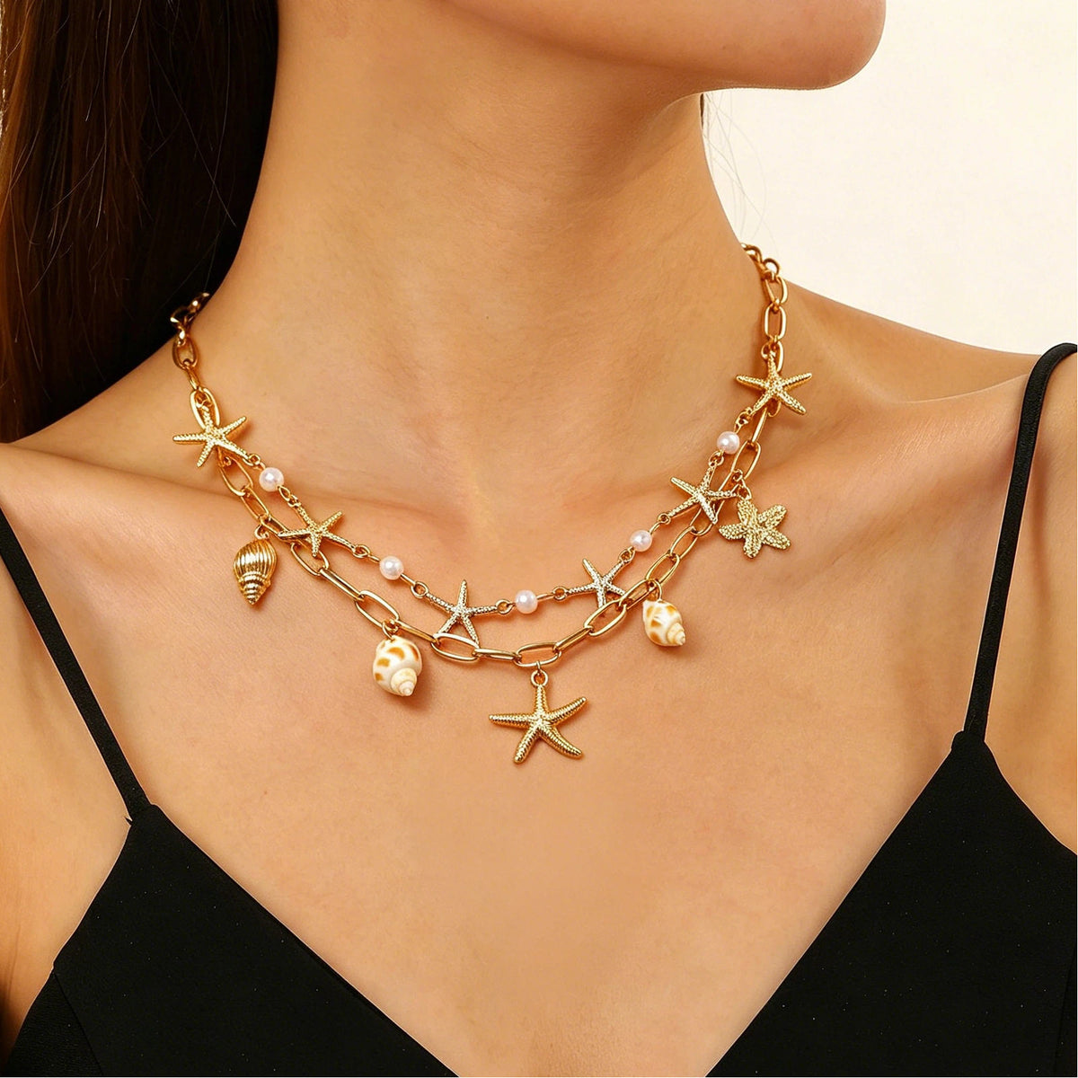 Layered Shell Pearl Starfish Pendant Bohemian Necklace – product view 23