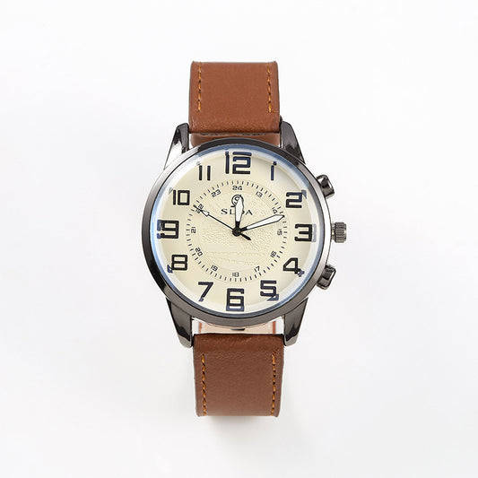 Cream dial watch with brown strap on white background
