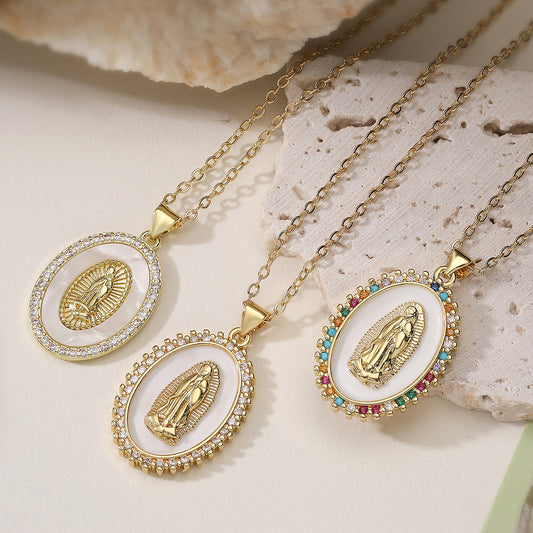 Virgin Mary Medallion Necklace, oval religious medallions with clear and colored crystal borders