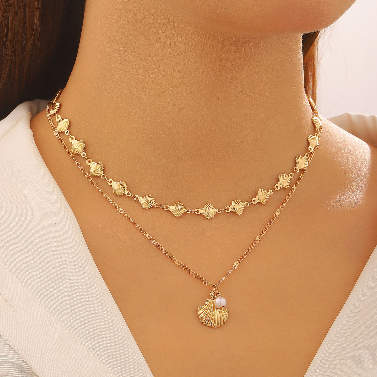Shell & Imitation Pearl Layered Necklace – product view 7