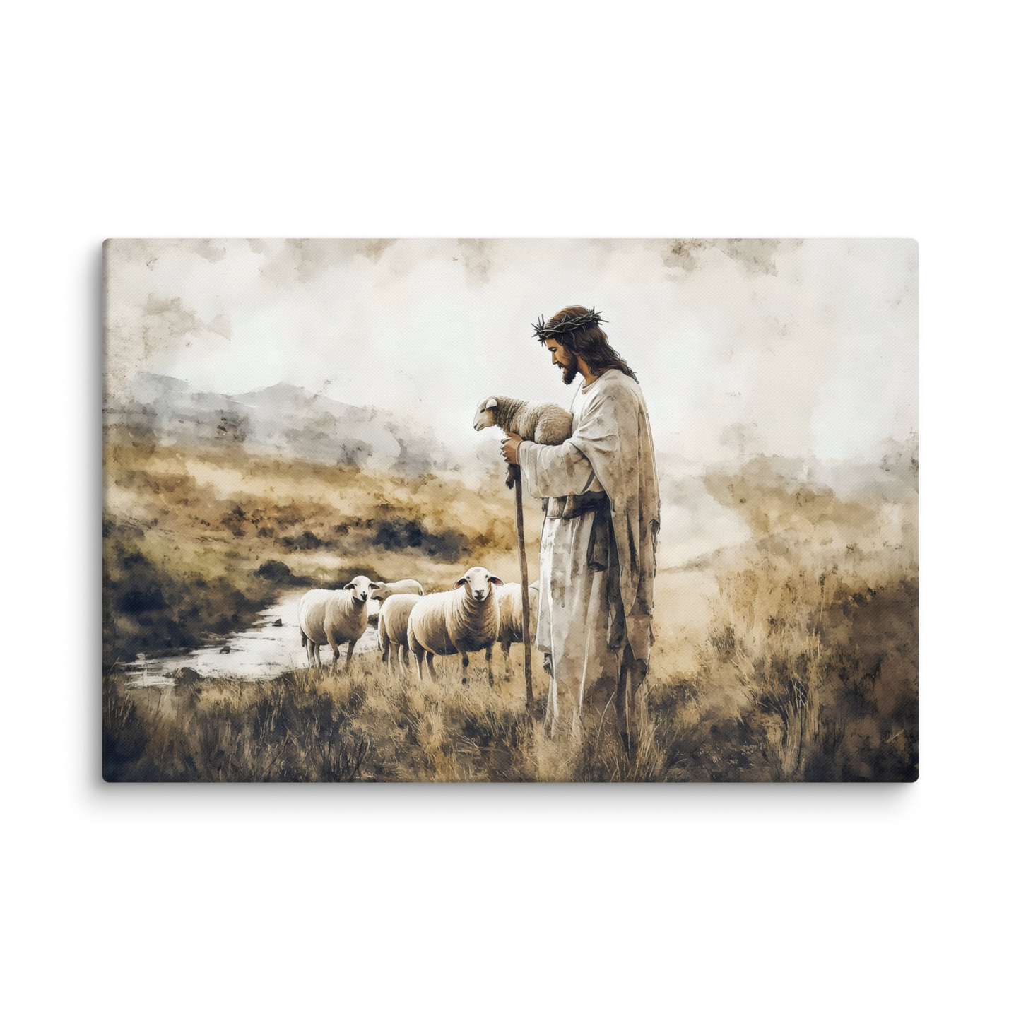 Painting of Jesus as the Faithful Shepherd wearing a crown of thorns, holding a lamb with staff in hand, surrounded by sheep in a serene landscape – Christian canvas wall art on sacrifice and guidance.