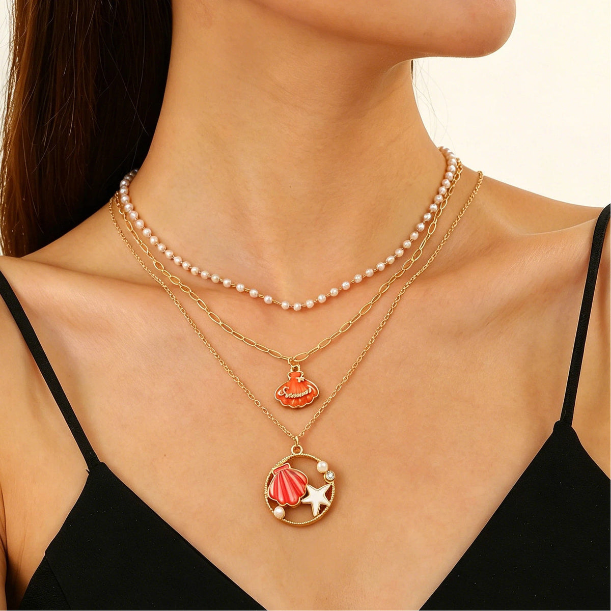 Layered Shell Pearl Starfish Pendant Bohemian Necklace – product view 28