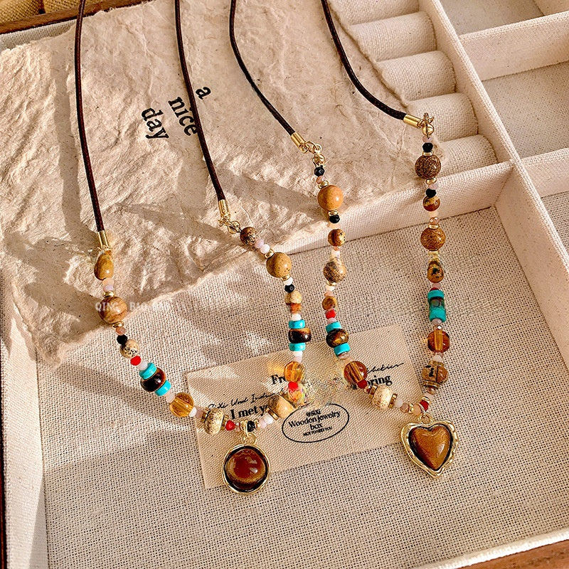 Vintage Tiger Eye Stone Beaded Necklace with Lobster Clasp – product view 2