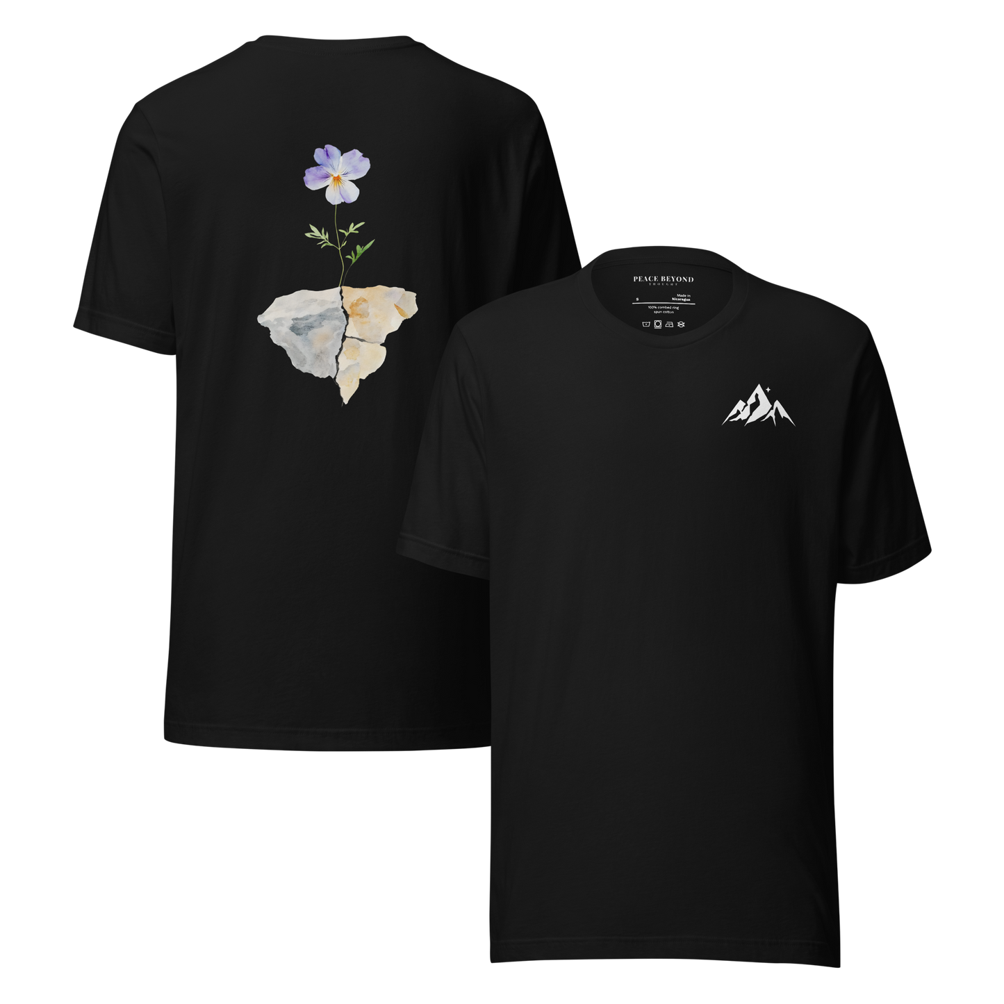 Black T-shirt with minimalist logo on the front and “Floral Stillness” watercolor-style floral artwork printed on the back – PeaceBeyondThought Christian apparel.