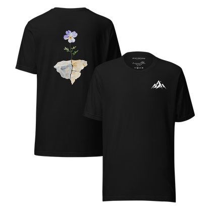 Black Christian t-shirt with floral growing through cracked rock backprint and mountain chest logo
