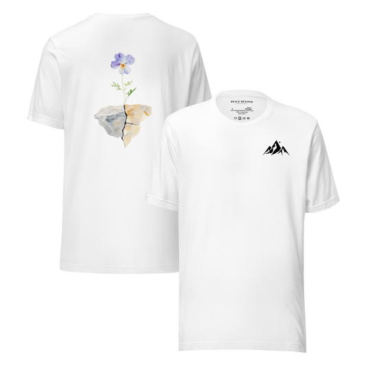 White T-shirt with minimalist logo on the front and “Floral Stillness” watercolor-style floral artwork printed on the back – PeaceBeyondThought Christian apparel.