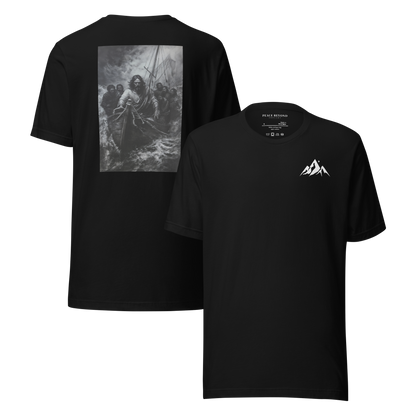 Black Christian t-shirt with Jesus calming storm illustration on back, mountain logo on front