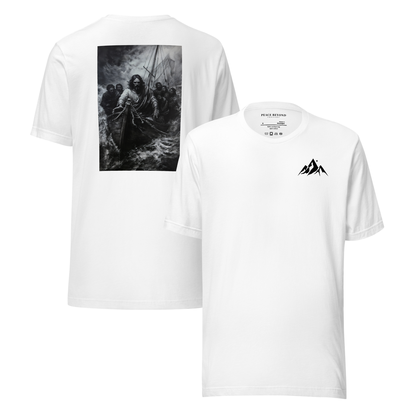 White T-shirt with minimalist logo on the front and “Peace Be Still” artwork printed on the back – PeaceBeyondThought Christian apparel.