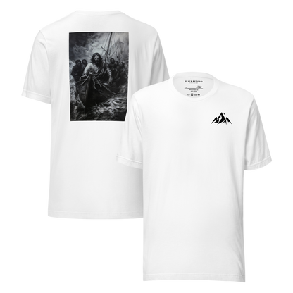 White Christian t-shirt with back print of Jesus calming the storm in a boat and mountain chest logo