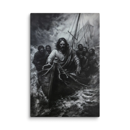 Jesus calming the storm canvas wall art, disciples in boat on stormy sea, Christian decor