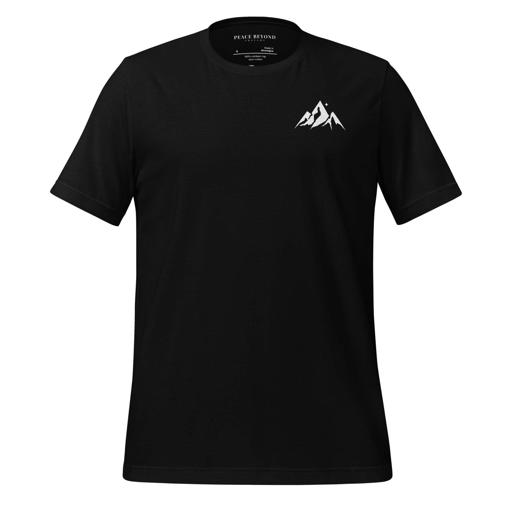 Peace Beyond Thought Mountain Icon T-Shirt front – minimalist spiritual awareness design on Bella + Canvas 3001