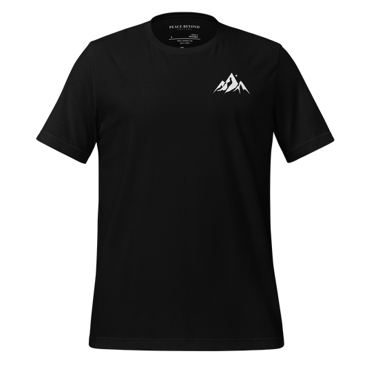 Peace Beyond Thought Mountain Icon T-Shirt front – minimalist spiritual awareness design on Bella + Canvas 3001