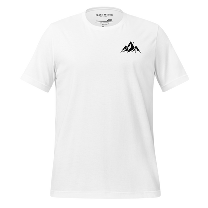 White T-shirt with minimalist black mountain icon on chest, spiritual mindful apparel