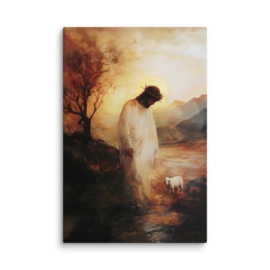 Painting of Jesus wearing a crown of thorns standing in solemn contemplation beside a gentle lamb, bathed in soft light — Sacrifice & Stillness Christian Canvas Wall Art.