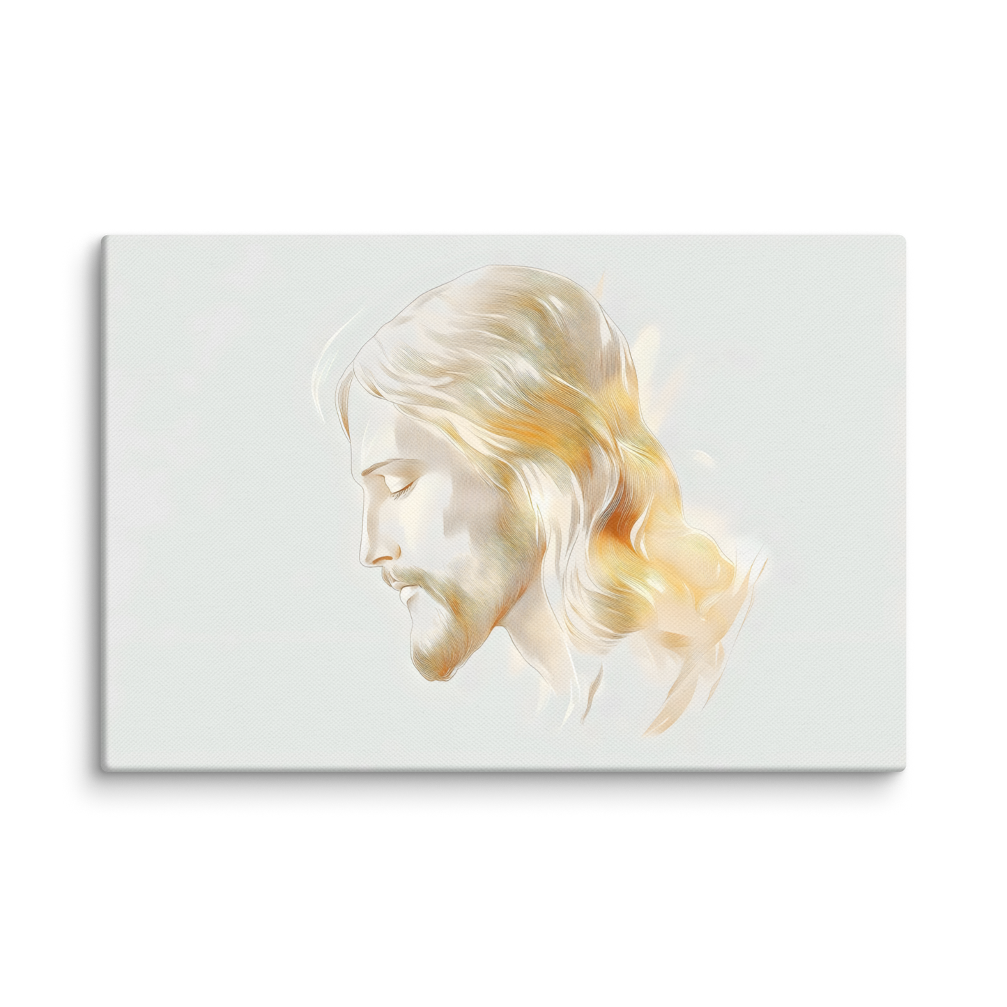 Minimalist light-toned sketch of Jesus in profile, head slightly bowed in peaceful contemplation — Serene Light Christian Canvas Wall Art.