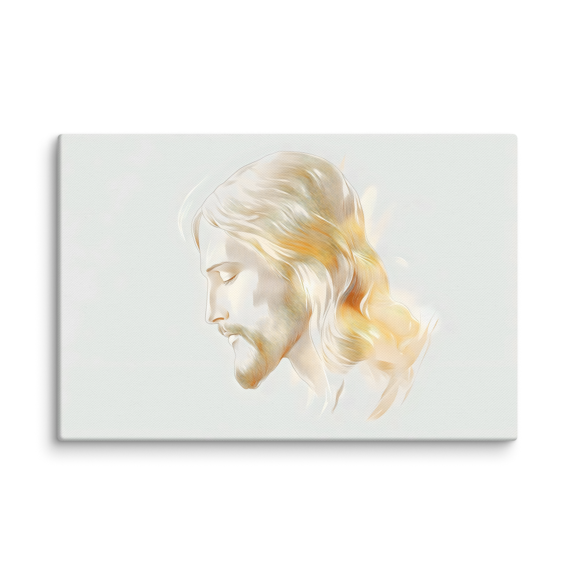 Minimalist light-toned sketch of Jesus in profile, head slightly bowed in peaceful contemplation — Serene Light Christian Canvas Wall Art.