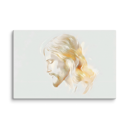 Minimalist canvas art of Jesus profile with serene expression, soft light and neutral background.