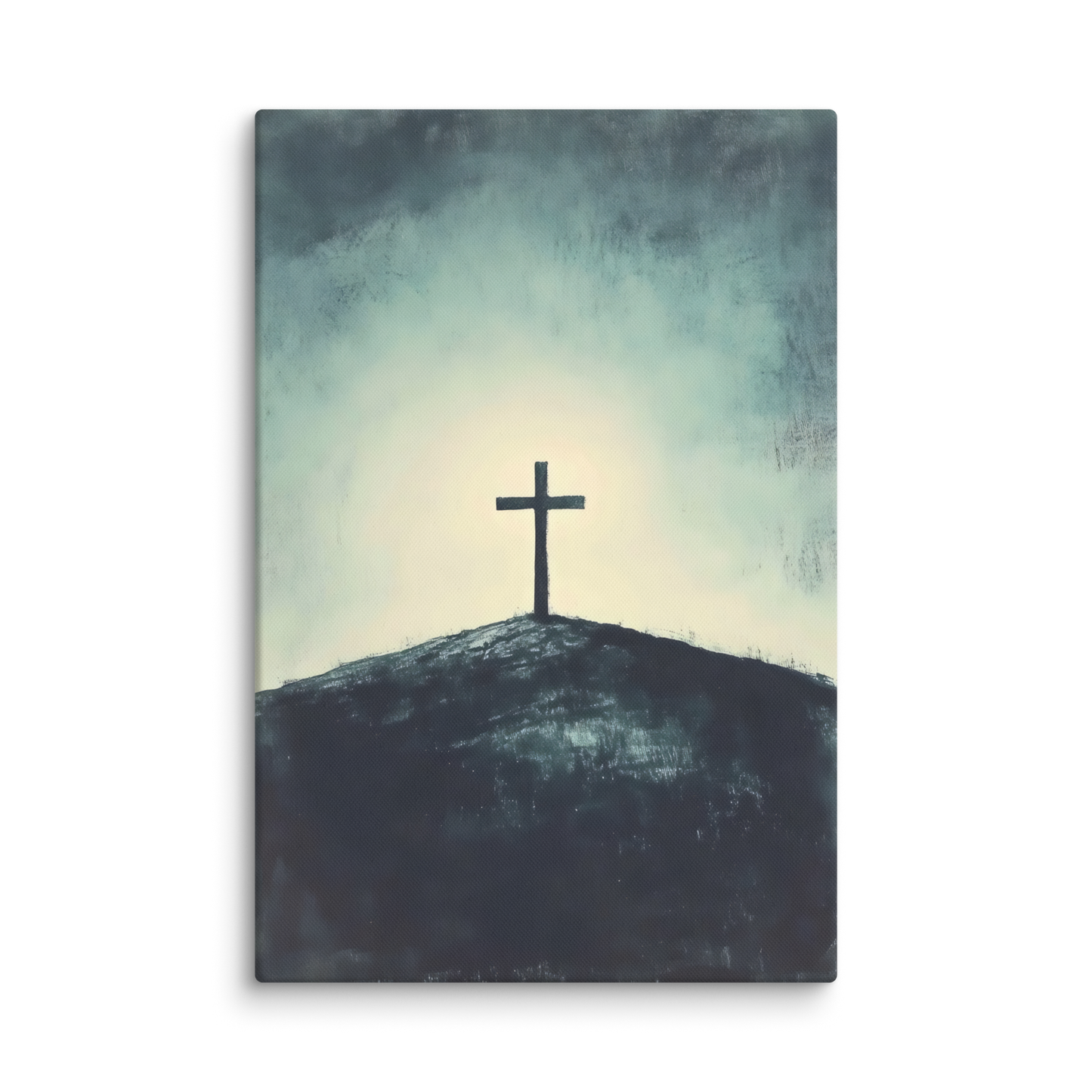 Minimalist painting of a solitary cross on a hilltop silhouetted against a textured atmospheric sky – Solitary Cross Christian Canvas Wall Art.