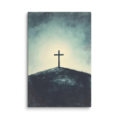 Minimalist Christian cross wall art on a hill with serene, contemplative background