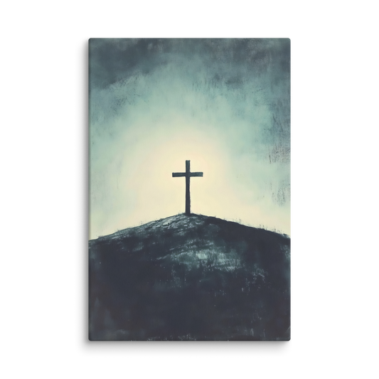 Minimalist painting of a solitary cross on a hilltop silhouetted against a textured atmospheric sky – Solitary Cross Christian Canvas Wall Art.