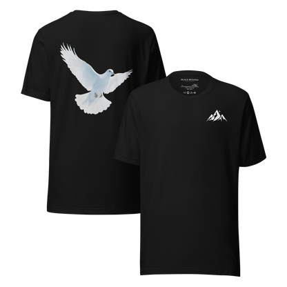 Black Christian t-shirt with white dove back print and minimalist mountain chest logo.