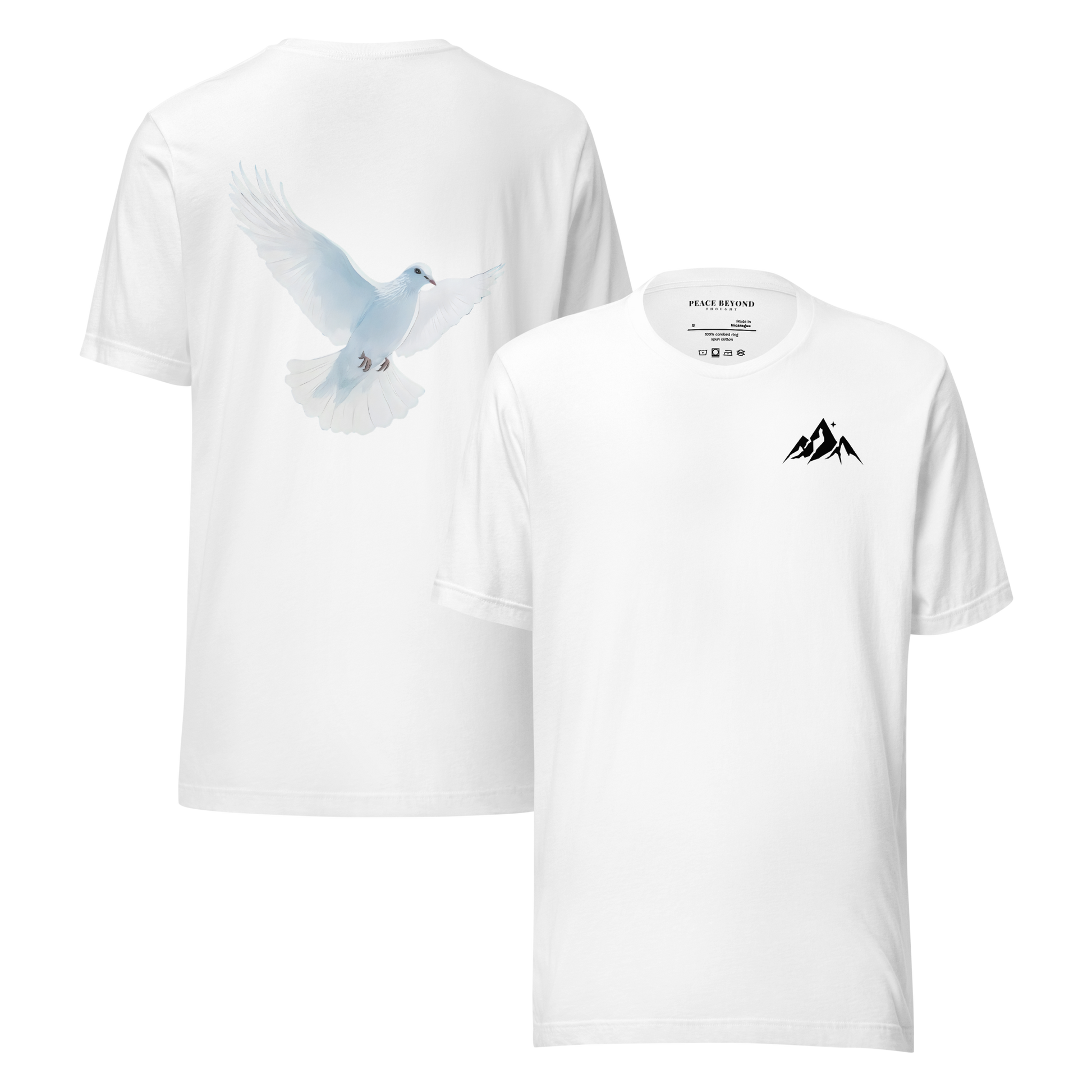 White T-shirt with minimalist logo on the front and “Spirit of Peace Dove” artwork printed on the back – PeaceBeyondThought Christian apparel.