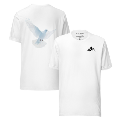 White Christian t-shirt with back print of a flying dove and front mountain graphic