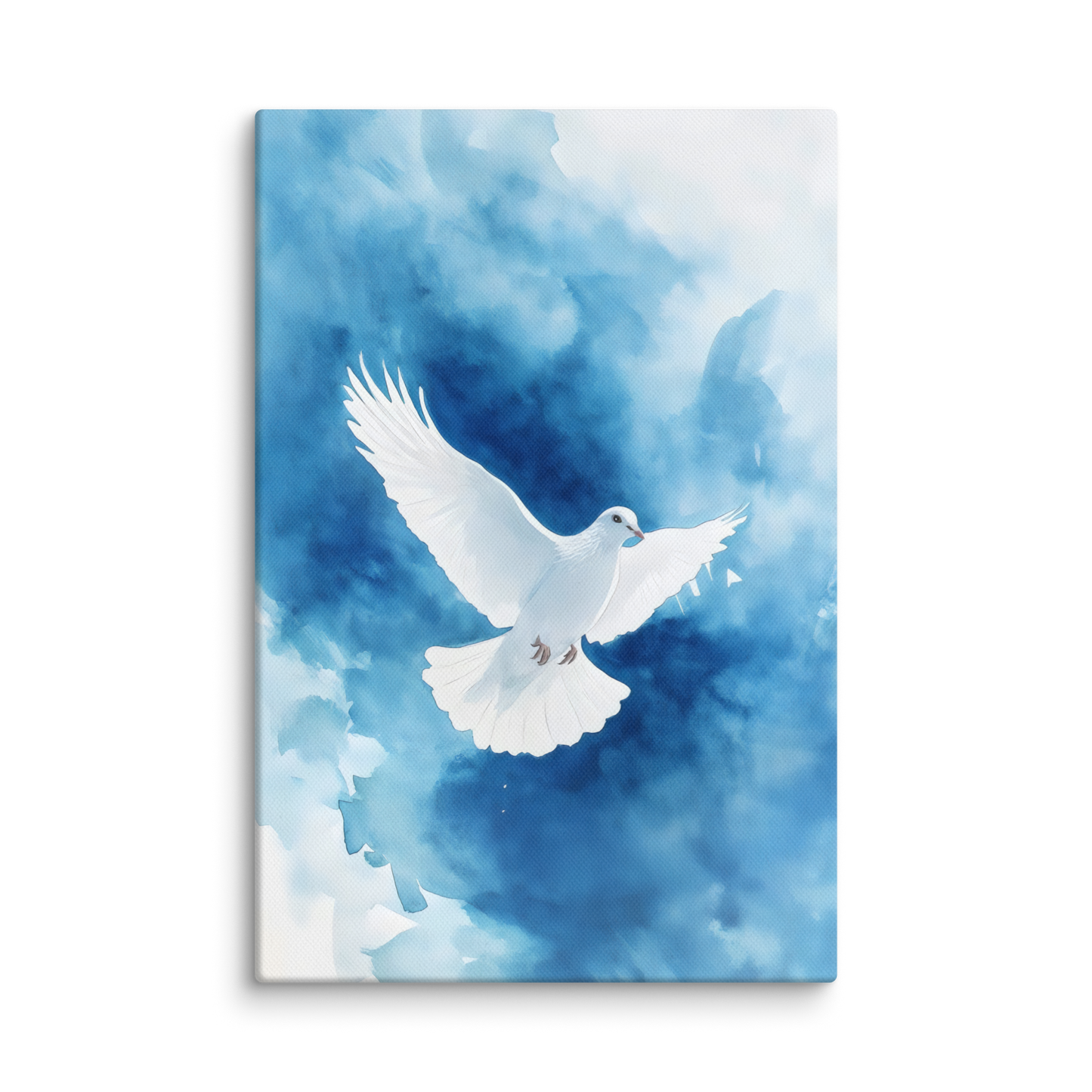 "White dove representing peace and Holy Spirit flying against soft blue textured sky - Spirit of Peace Canvas Art."