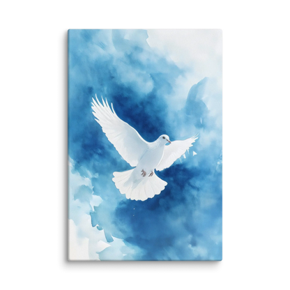 White dove flying on blue abstract watercolor background, symbolizing peace and hope wall art.