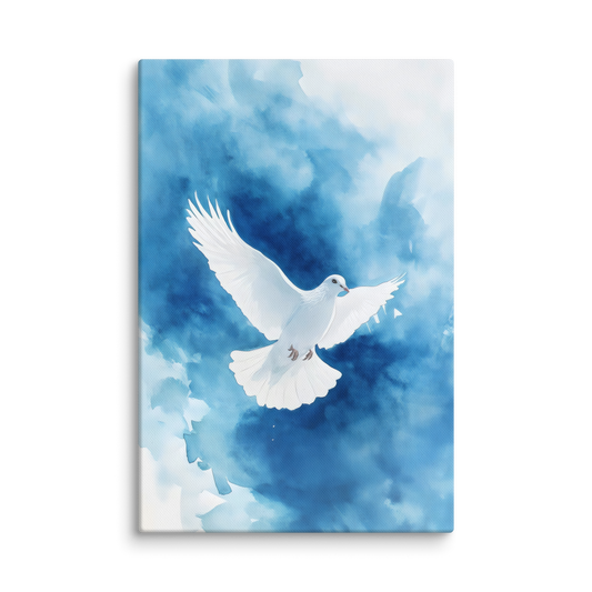 "White dove representing peace and Holy Spirit flying against soft blue textured sky - Spirit of Peace Canvas Art."
