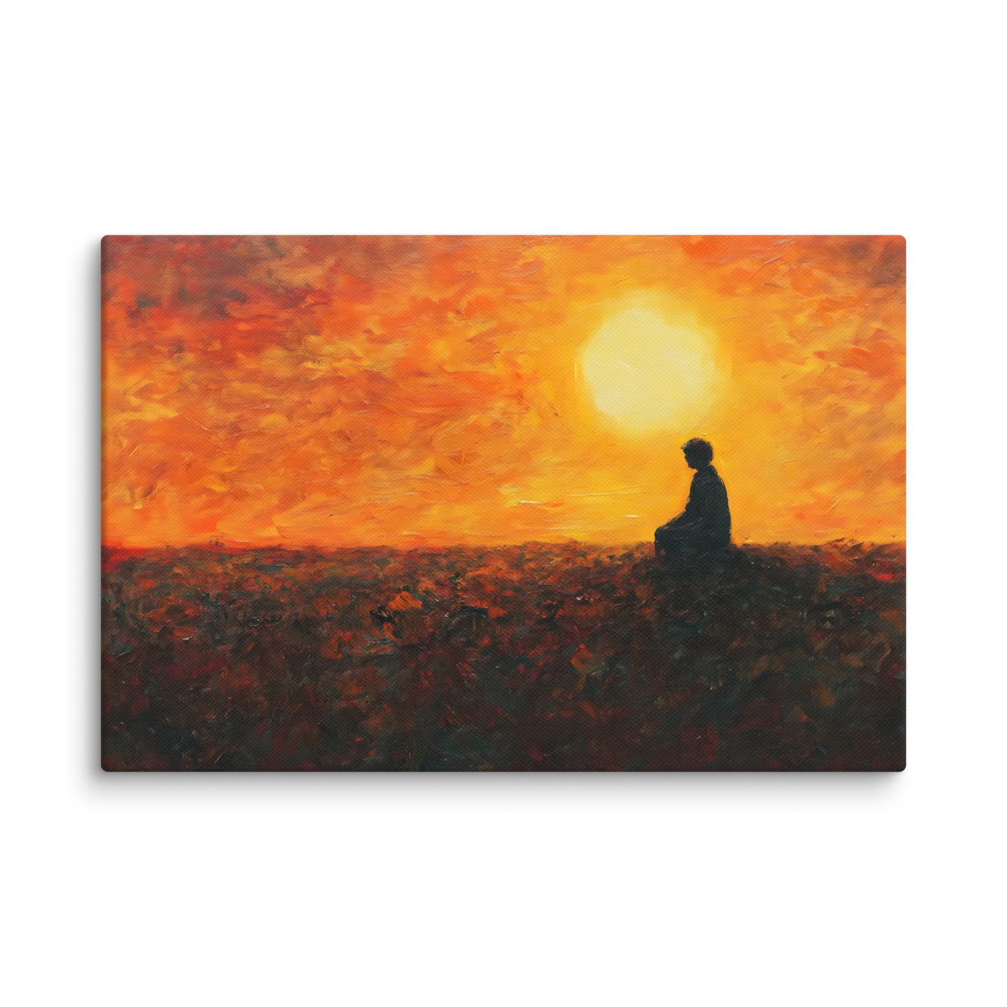Figure meditating in a golden field at sunset, bathed in warm orange light — Sunset Meditation Canvas for mindful presence and inner peace.