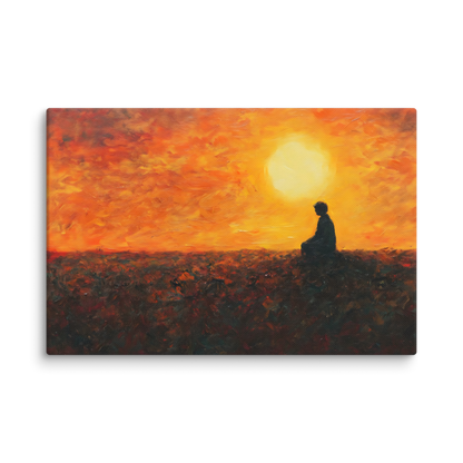 Silhouette meditating at sunset, mindful wall art with warm orange sky and peaceful landscape