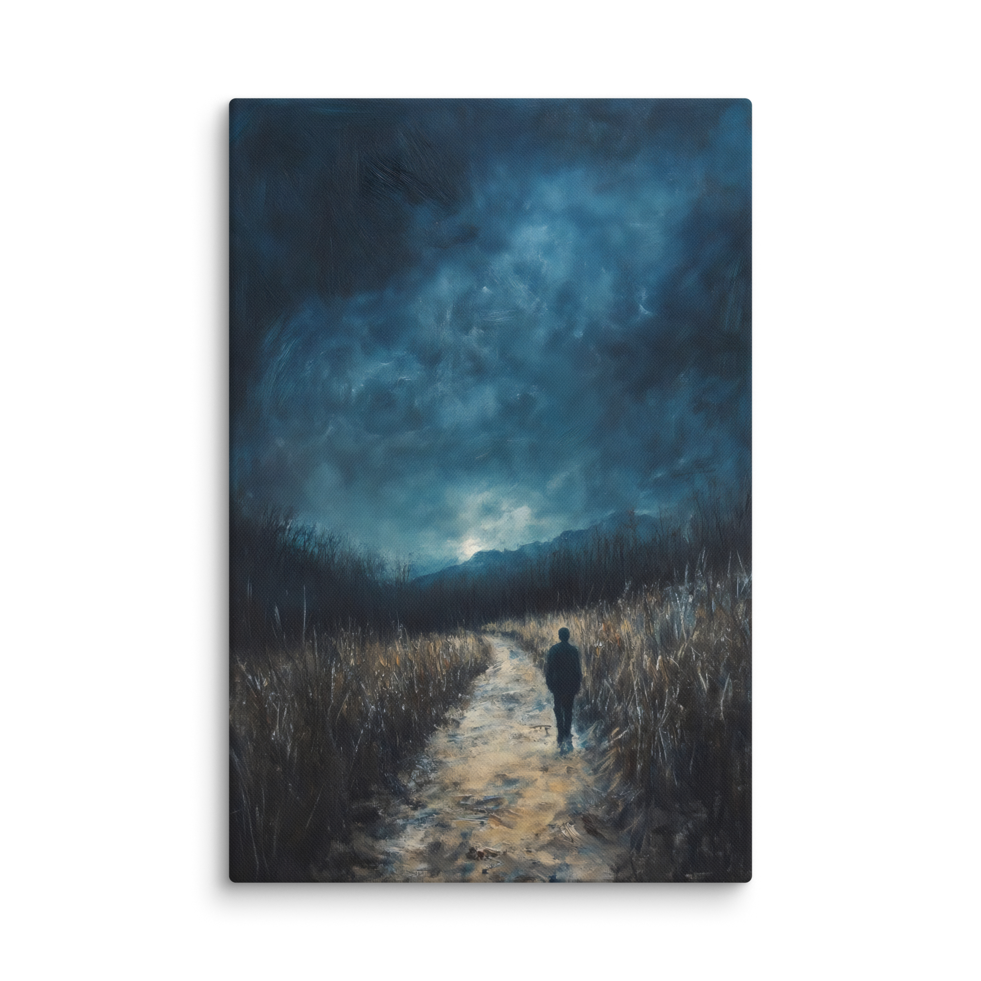 Lone figure walking on a path through misty fields under a dramatic, dark blue sky, spiritual art