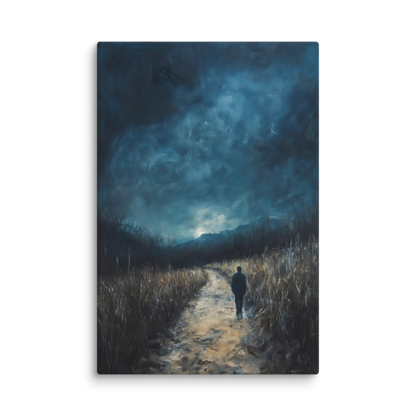 Lone figure walking on a path through misty fields under a dramatic, dark blue sky, spiritual art