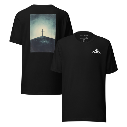 Black T-shirt with minimalist logo on the front and “The Solitary Cross” artwork printed on the back – PeaceBeyondThought Christian apparel.