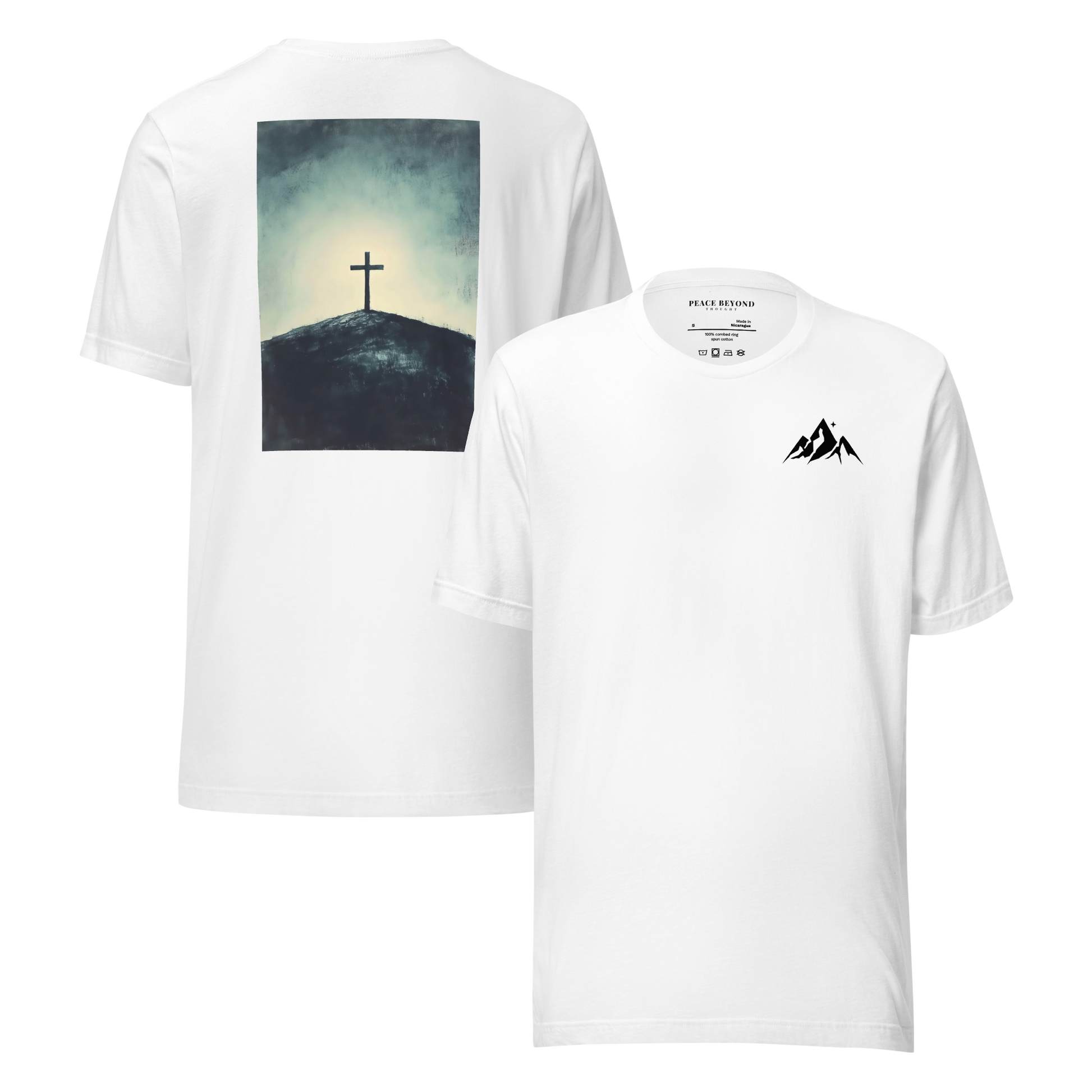 White T-shirt with minimalist logo on the front and “The Solitary Cross” artwork printed on the back – PeaceBeyondThought Christian apparel.