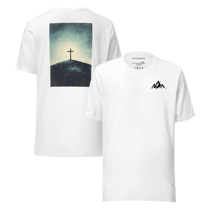 White Christian t-shirt with cross on hill backprint and minimalist mountain front design